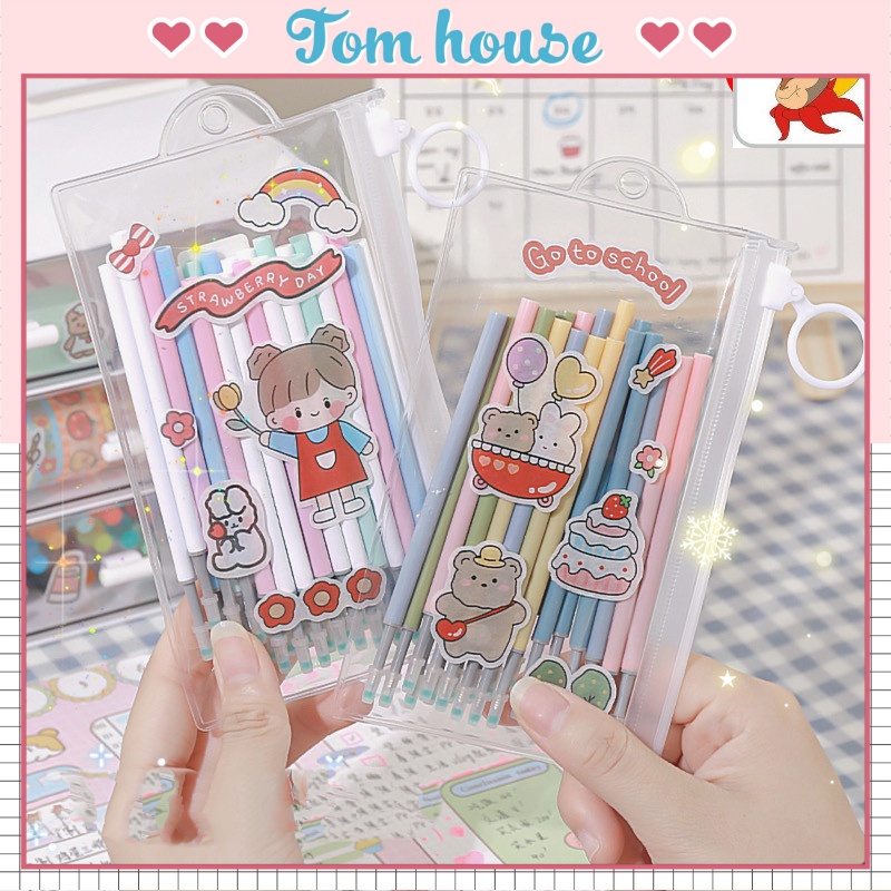 Set 50 ngòi bút viết mực nước đen tặng kèm túi zip đựng bút và sticker dán văn phòng phẩm dễ thương Tom House