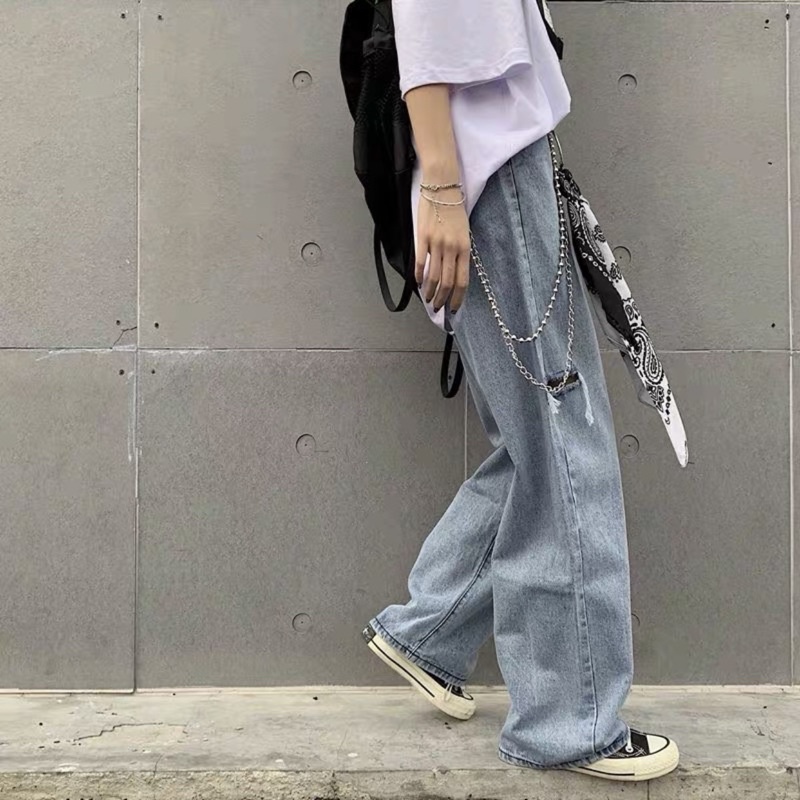 Quần Baggy Jean ống rộng rách gối phối xích  - LC