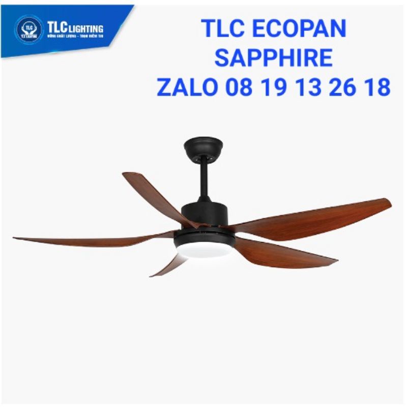 Quạt trần TLC ECOFAN Sapphire, 5 cánh, có đèn, có điều khiển, bảo hành 5 năm, màu gỗ và màu bạc.