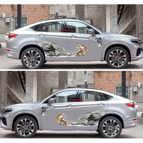 Decal dán sườn  Tem dán sườn 3D trang trí xe hơi Hổ Xuống núi- Tặng kèm dụng cụ dán