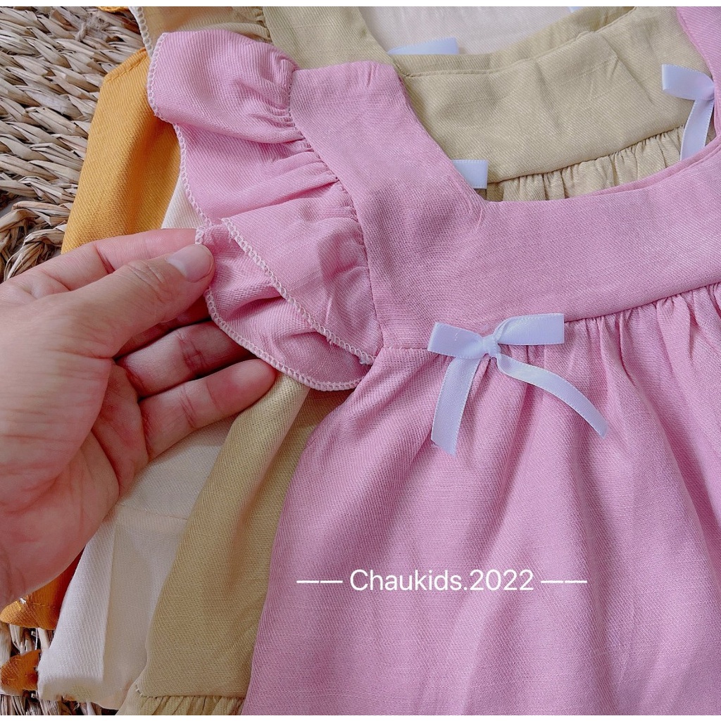 Bộ cộc tay bé gái, bộ áo cánh tiên chất đũi mềm cổ vuông phần ngực 2 nơ nhỏ cho bé