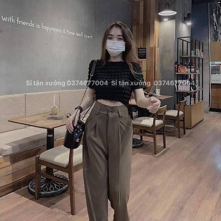 Quần suông nữ cạp cao tôn dáng phối đỉa to cực xinh, quần ống rộng thiết kế mới nhất 973