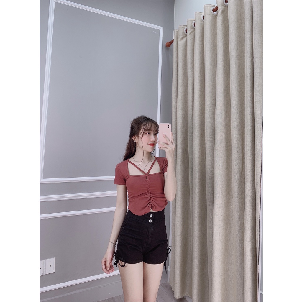 Quần đùi nữ mặc nhà lưng cao, quần short nữ kaki lưng cao dây rút MS80