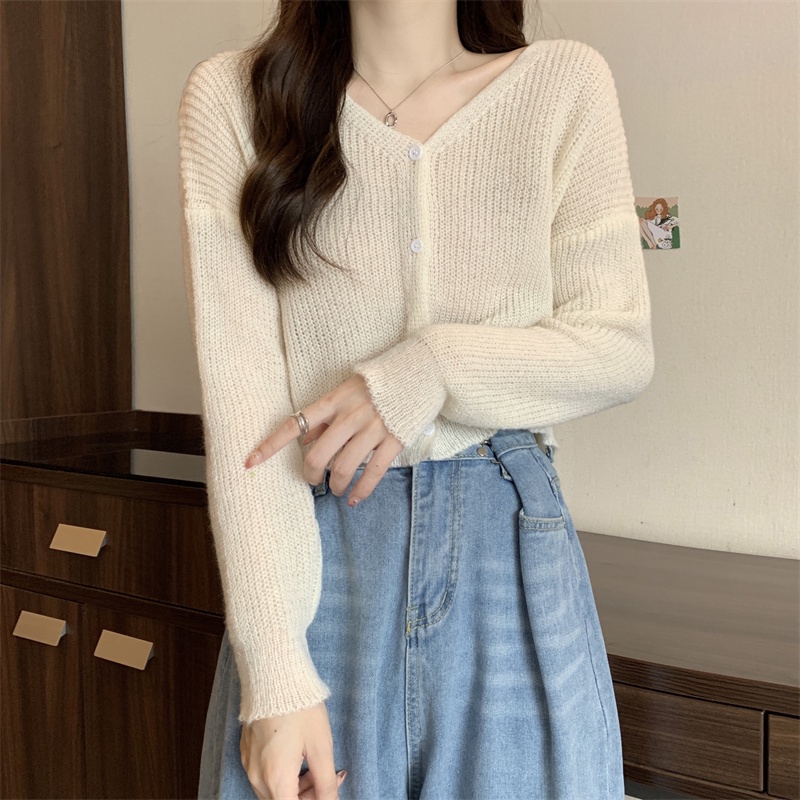 SUXI Áo Khoác Cardigan Dài Tay Cổ Chữ V Màu Sắc Đơn Giản Phong Cách Hàn Quốc