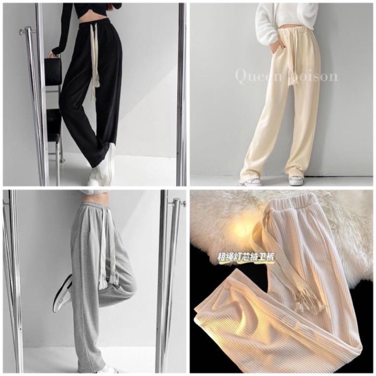 [NEW] Quần Ống Rộng Thun Tăm Xuất Hàn Lưng Cao Cạp Chun Dây Rút Dáng Suông Dài Quần Cullottes Ống Suông Co Giãn Vải Mềm