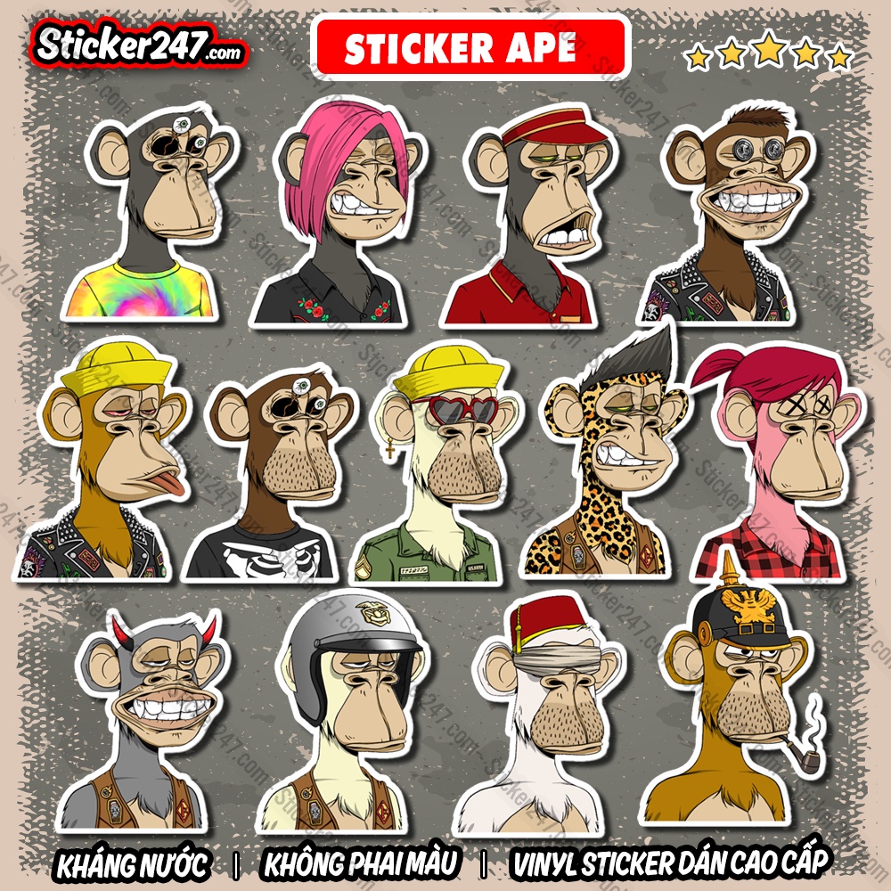 Sticker Ape NFT 𝑭𝒓𝒆𝒆𝒔𝒉𝒊𝒑 Sticker Meme Chống Nước, Decal Dán Mũ Bảo Hiểm, Vali, Đàn, Laptop, Điện Thoại - Cắt Sẵn