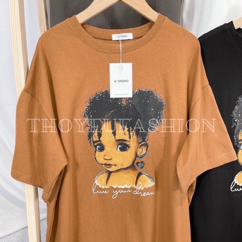 Áo Phông Unisex, Áo thun in 3D cô bé da mầu cực chất hàng Quảng châu form rộng
