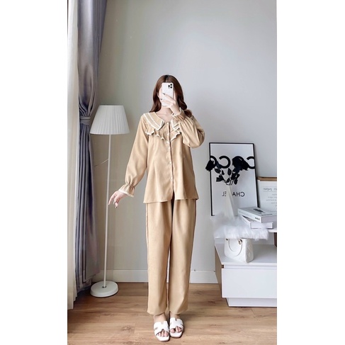 BỘ PIJAMA MẶC NHÀ CHO CHẤT NHUNG TĂM CỔ HAI LÁ CHO BẦU VÀ SAU SINH MẶC THU ĐÔNG SIÊU THÍCH