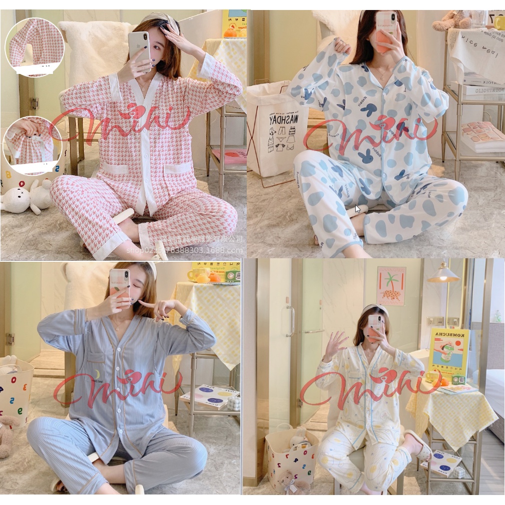 Đồ bộ bầu PIJAMA CỔ TIM bộ ngủ sau sinh cho con bú