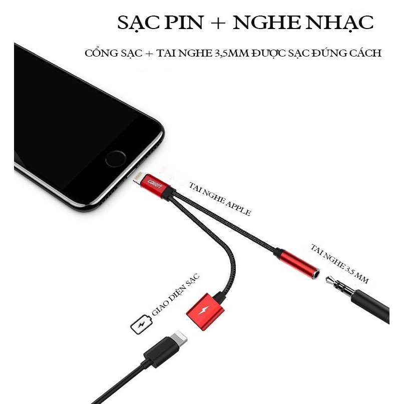 [Chính hãng] Dây sạc chuyển đổi 2 đầu tai nghe 3.5 mm cổng lightning đa năng cho điện thoại iphone