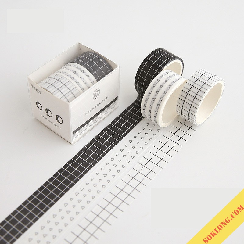 Bộ Washi tape băng dính họa tiết kẻ, chấm bi Basic trang trí sổ Bullet Journal, bưu thiếp, album