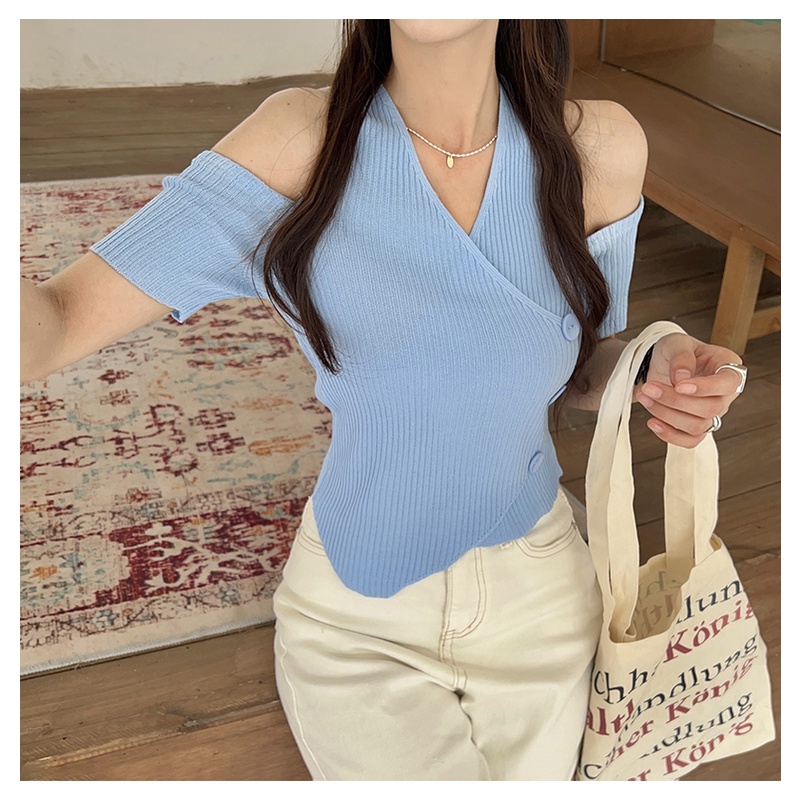 SUXI Áo Croptop Dệt Kim Tay Ngắn Cổ Chữ V Thiết Kế Trễ Vai Thời Trang Mùa Hè Mới Cho Nữ