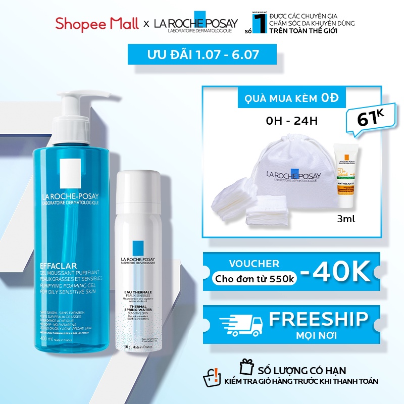Bộ sản phẩm làm sạch và bảo vệ da dầu nhạy cảm La RochePosay Effaclar Gel