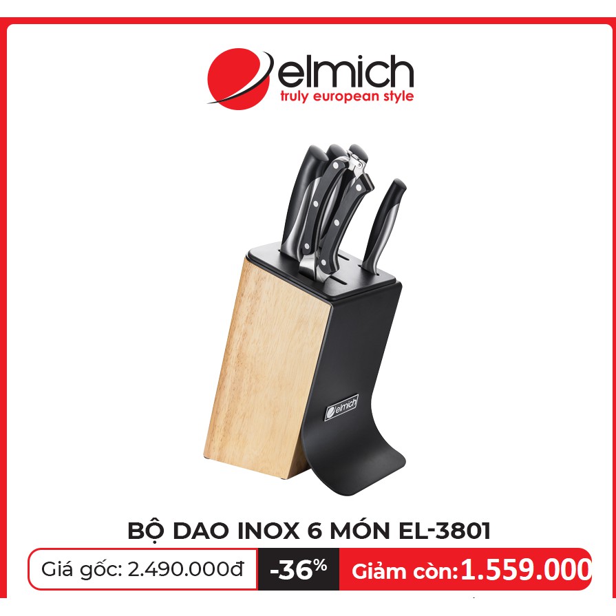 Bộ dao inox Elmich 6 món EL3801 (4 dao, 1 kéo, 1 giá để dao)
