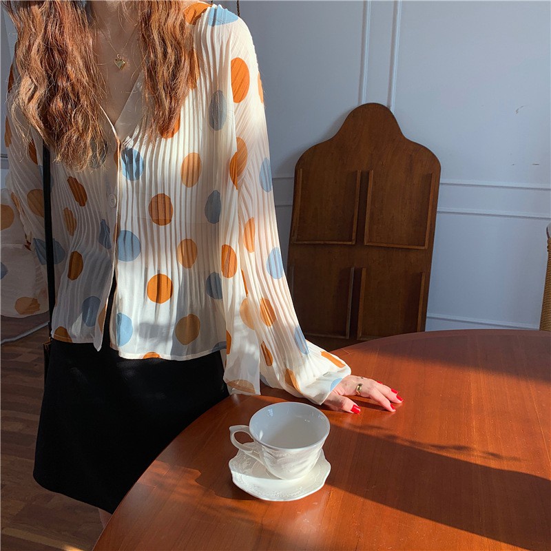 Western style loose wild fashion sweet street pleated chiffon shirt sunscreen blouse top women