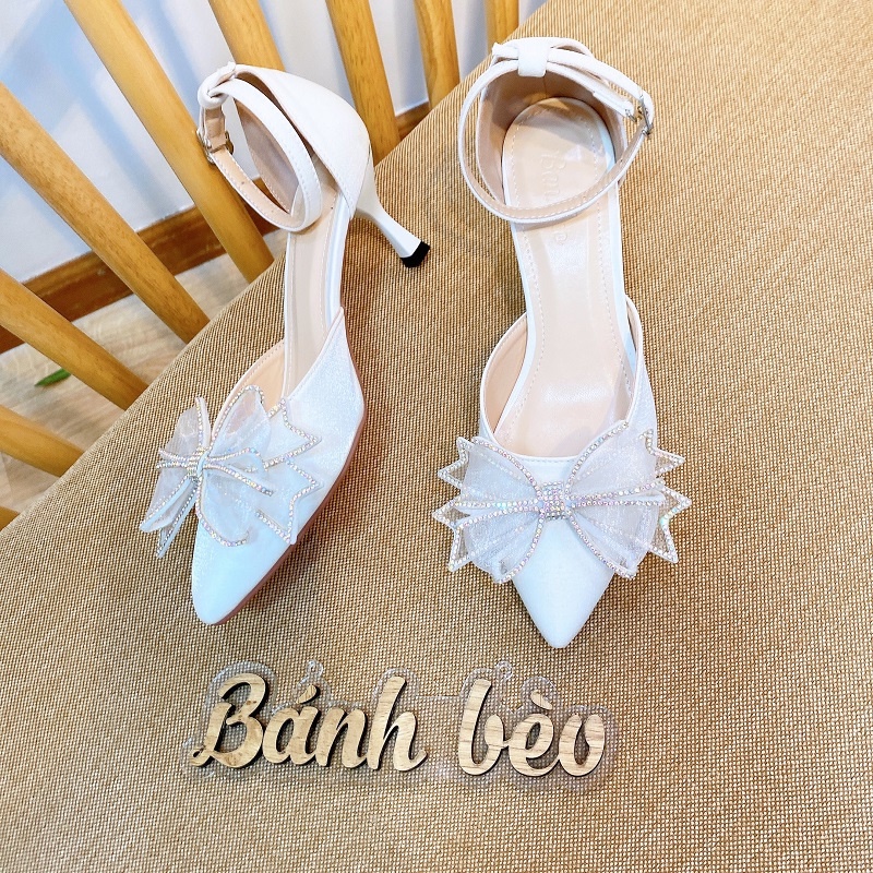 Giày Cao Gót Sandal Nữ Quai hậu nơ đính đá xinh Xuất sắc - cao 5p - Giày Bánh Bèo mã BuomV2 - Hàng nhập khẩu