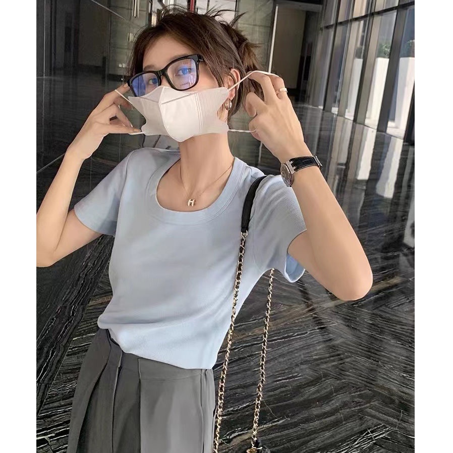 Áo Thun Tay Ngắn Cổ Chữ U Màu Trơn Phong Cách Thời Trang Hàn Quốc Mới 2022