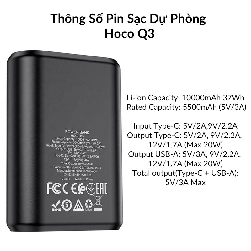 Pin Dự Phòng 10000mAh HOCO Q3 Mini Size Quick Charge 20W, Sạc Nhanh Hai Chiều PD+QC, Đèn Led Hiển Thị Dung Lượng Pin