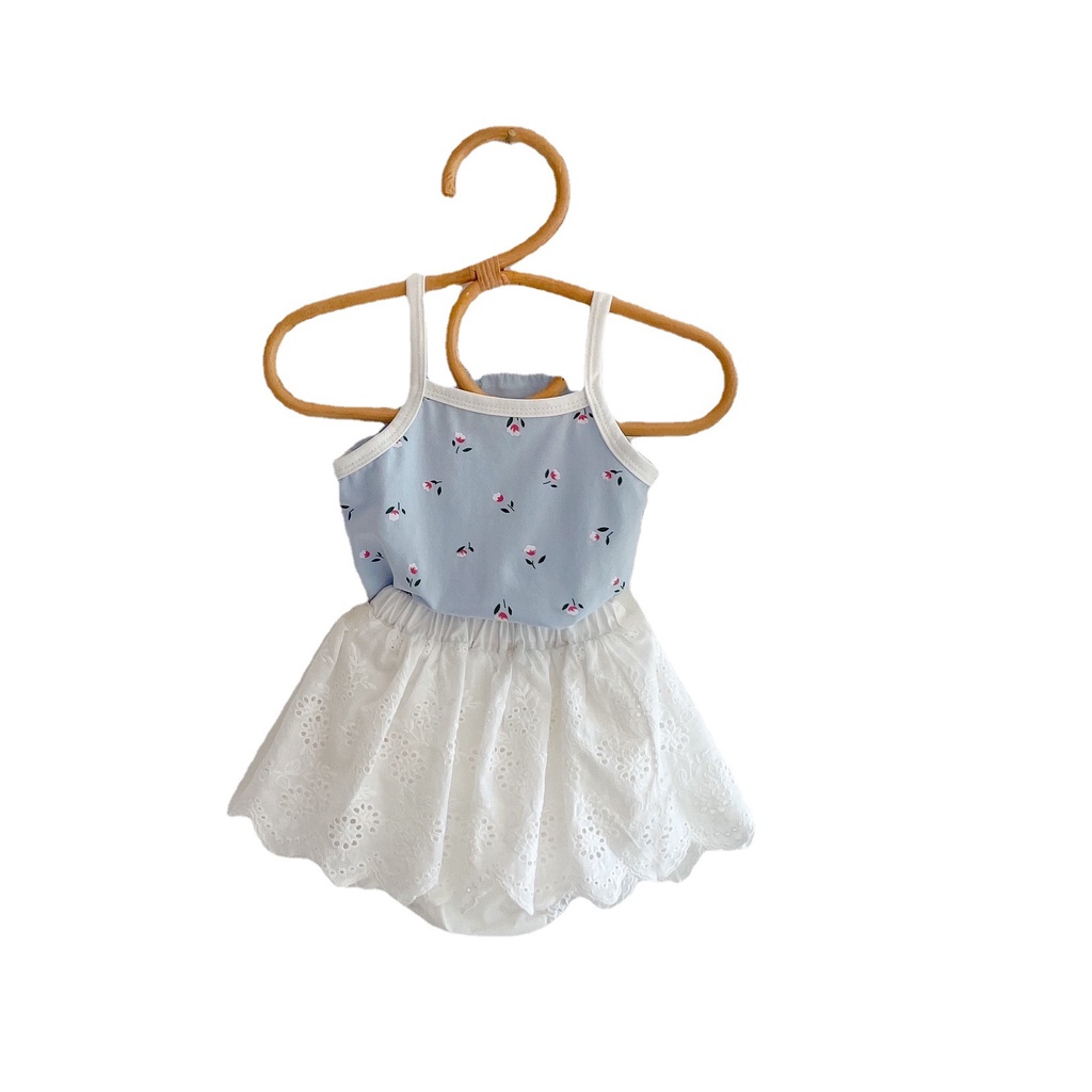 Bộ Đồ Thời Trang Xuân Hè 2022 Gồm Áo Hai Dây In Họa Tiết + Quần Culottes Phối Ren Cho Bé Gái