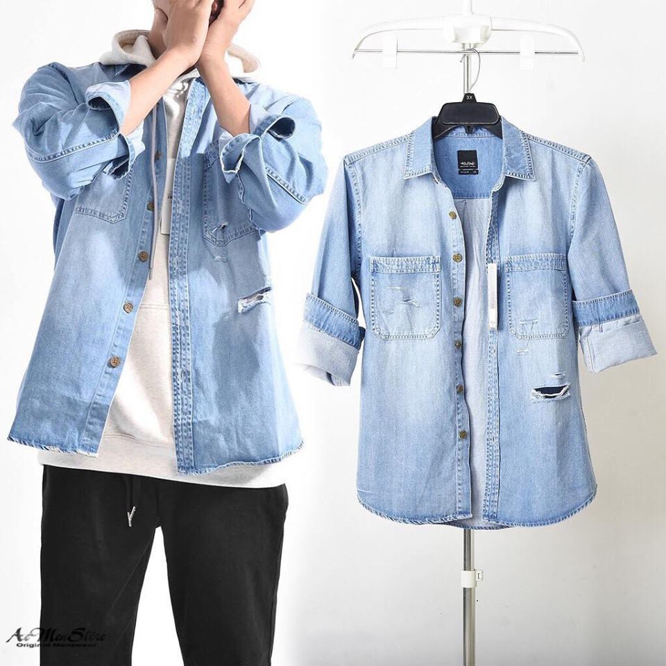 [Mã FASHIONMALLT4 giảm 15% tối đa 30K đơn 150k] Áo sơ mi nam Denim wash xanh nhạt Routine