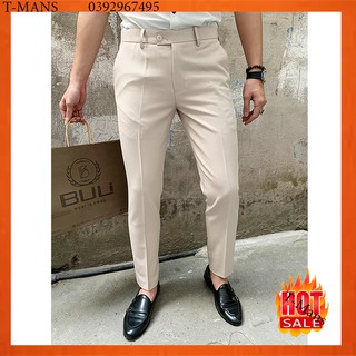 Quần tây nam màu trắng kem dáng ôm ống côn vải chống nhăn cao cấp không phai không xù