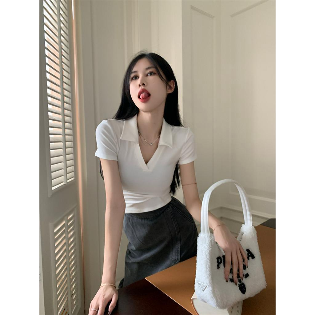 Áo Thun polo Dệt Kim Cổ V Dáng Ôm Ngắn Tay Thời Trang Retro Sành Điệu 63143