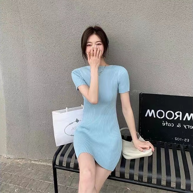 Đầm dệt kim SUXI tay ngắn cổ tròn dáng ôm phong cách mùa hè thời trang quyến rũ cho nữ
