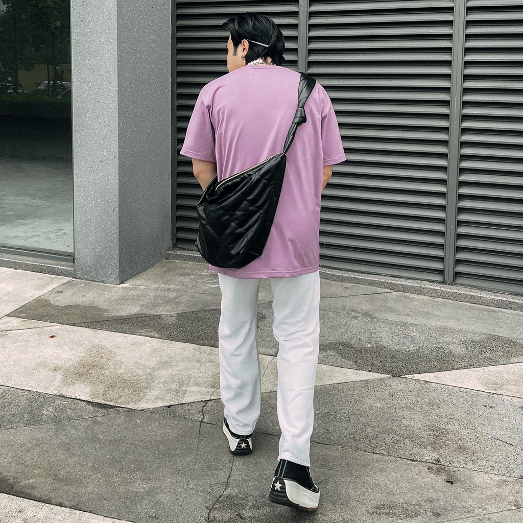 Áo Thun Champion Màu Tím Thêu Chữ Đen Nâu Ở Giữa Chất Liệu 100% Cotton Thoáng Mát Form Rộng Thoải Mái