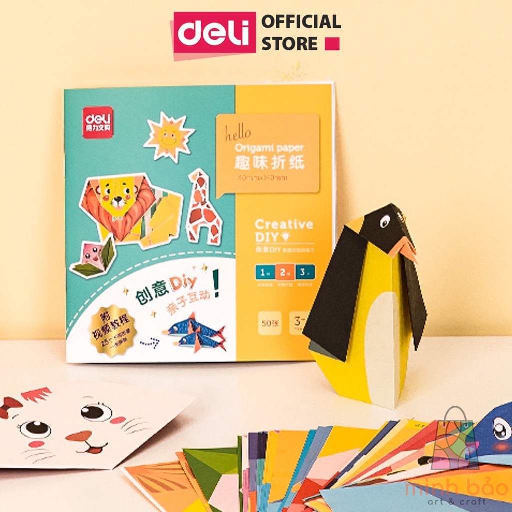 BỘ 50/100 TỜ GIẤY THỦ CÔNG ORIGAMI DELI - IN SẴN HỌA TIẾT KÈM SÁCH HƯỚNG DẪN, RÈN LUYỆN SỰ KHÉO LÉO CHO BÉ - 74817/74818