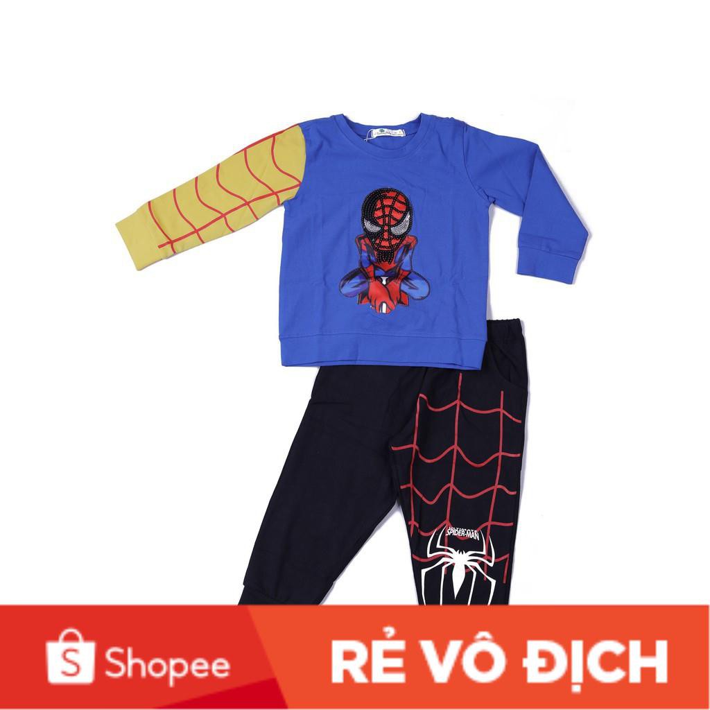 Bộ cotton hình Siêu nhân Nhện kim sa phối bé trai size 3-10T, cho bạn từ 12-30kg. Chất cotton dày dặn, đanh tay, đẹp