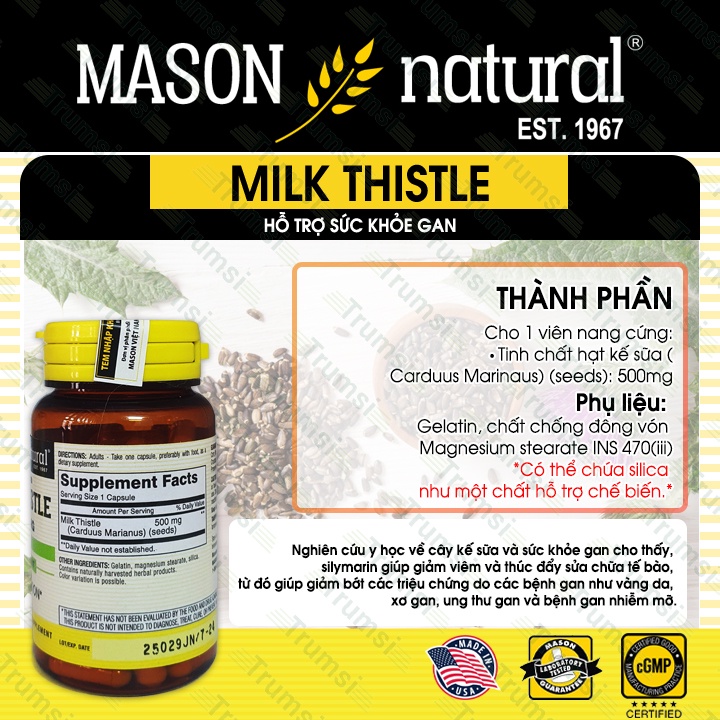 Viên uống bổ gan Mason Natural Milk Thistle 500mg giúp giảm tình trạng men gan cao bảo vệ và tăng cường chức năng gan