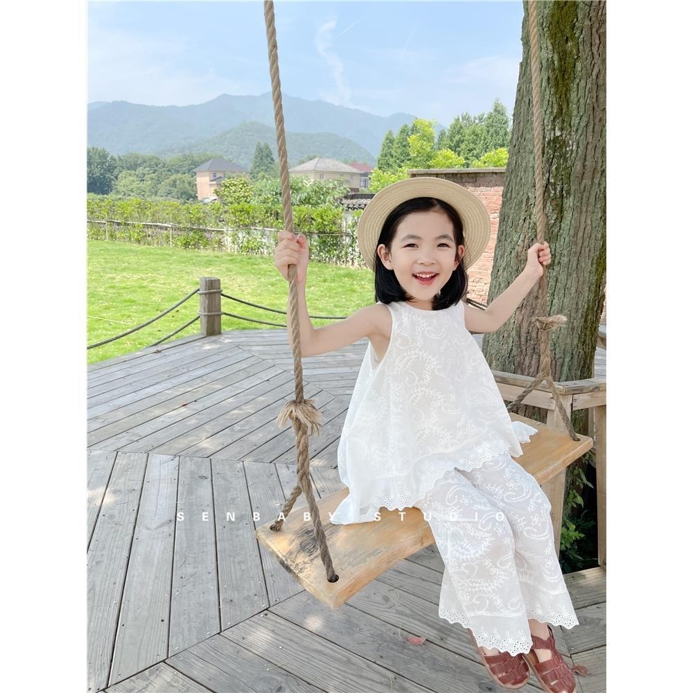 Set Đồ Mùa Hè 5 Món Gồm Áo Không Tay Thêu Họa Tiết Phong Cách Phương Tây + Quần Ống Rộng Cho Bé Gái