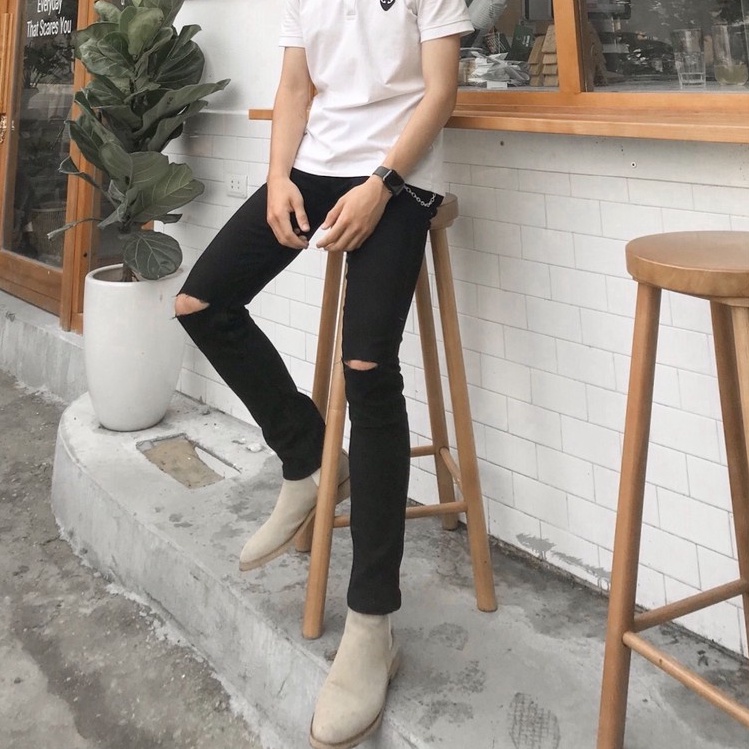 Quần jeans nam rách gối dáng ôm , co dãn , không phai màu phong cách Skinny Jeans Hàn Quốc