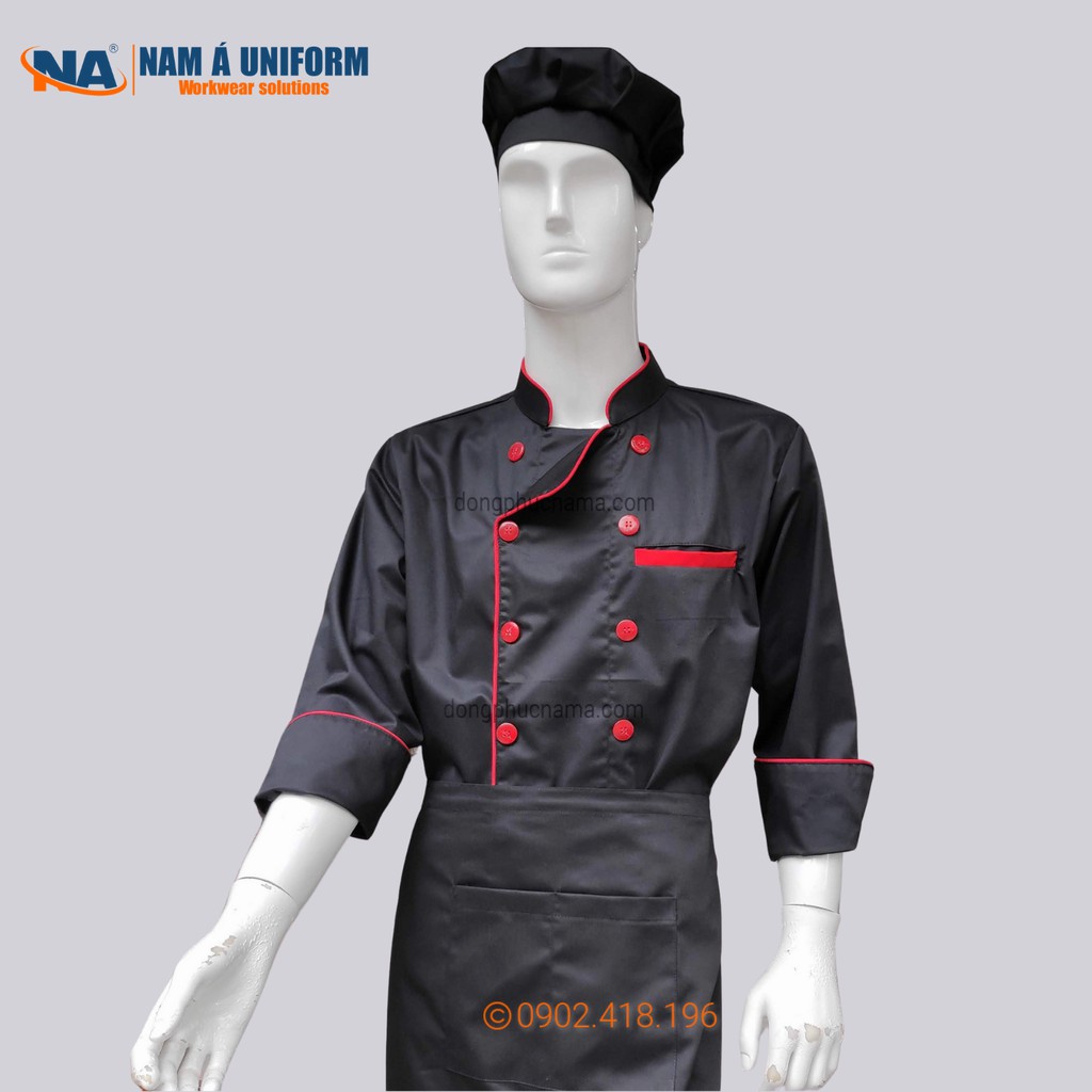 Áo đầu bếp đen phối viền đỏ thời trang