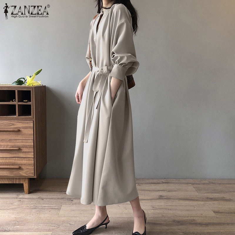Đầm maxi dài Zanzea tay phồng cổ chữ v thời trang dành cho nữ