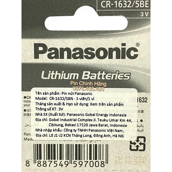 Pin Panasonic CR1632 Lithium 3V Hàng Chính Hãng Vỉ 1 Viên