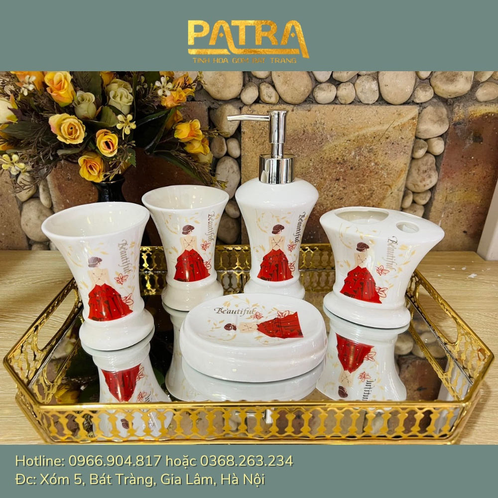 Set nhà tắm 5 món gốm sứ Bát Tràng - Bộ sứ vệ sinh, chai đựng sữa tắm dầu gội cao cấp
