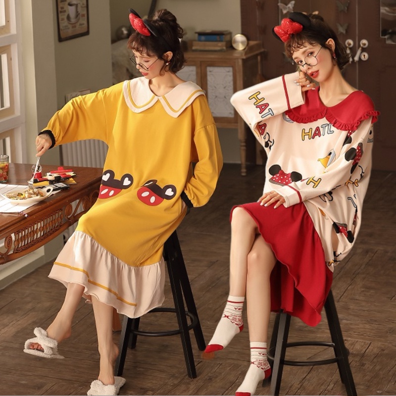 {Nightgown} Đầm Ngủ Cotton Nguyên Chất Tay Dài Dáng Rộng Thời Trang Xuân Thu Ngọt Ngào Cho Nữ