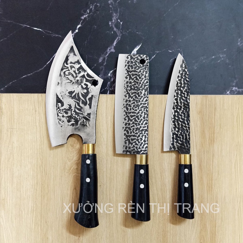 Bộ Dao Nhà Bếp Thép Nhíp - Dập Vân 2 Mặt, Dùng Chặt Cây, Chặt Xương, Thái Gọt