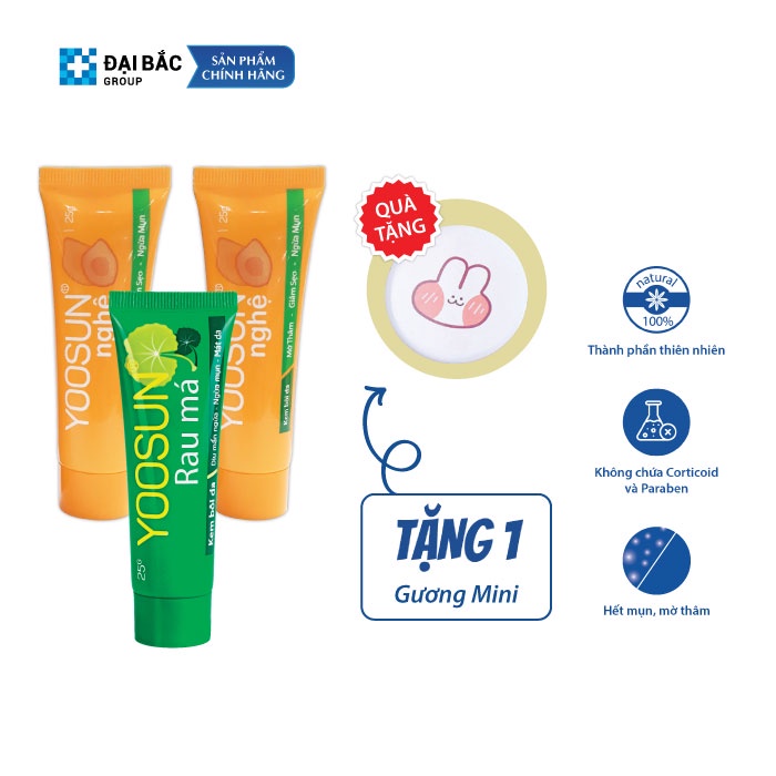 Combo 3 tuýp kem dịu mẩn ngứa, ngừa mụn, giảm thâm YOOSUN Nghệ, Rau ma- Tặng 1 gương mini xinh xắn giá 15k