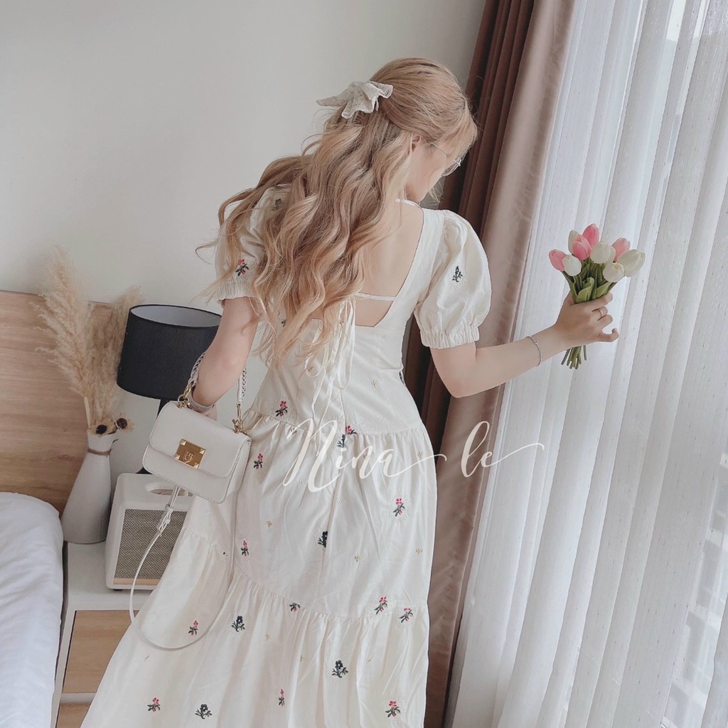 (Ưu Đãi Freeship)Đầm tiểu thư hoa tay phồng cổ v cột nơ sau,thiết kế tầng dễ thương chất lụa mềm mịn có mút