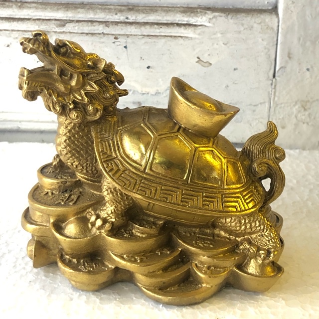 Long Quy phong thủy 13cm,cõng rùa con , gậy như ý "Rùa Đầu Rồng"  tượng đồng phong thuỷ