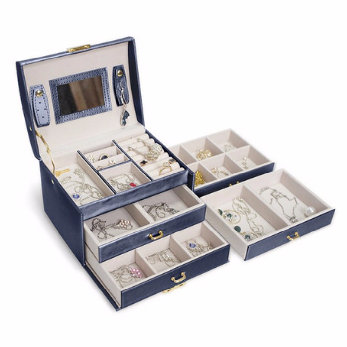 Hộp Đựng Trang Sức Cao Cấp Bọc Da PU 3 tầng Có Khóa chống trộm (size 26.5*18*6.5cm)