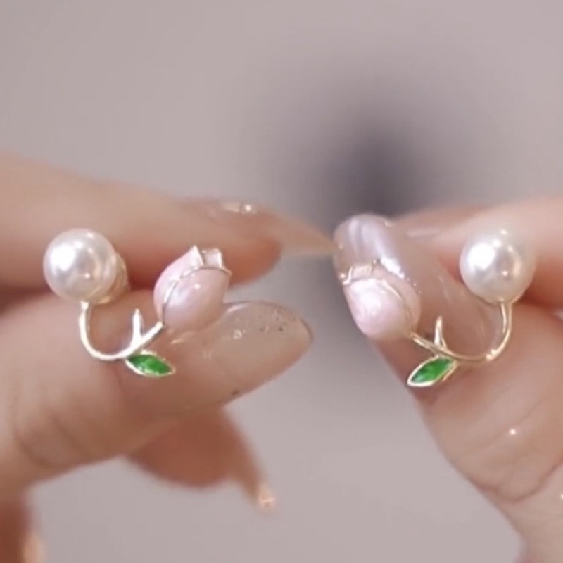 Khuyên Tai Hình Hoa tulip Đính Ngọc Trai Màu Hồng Thời Trang Mùa Hè Cá Tính