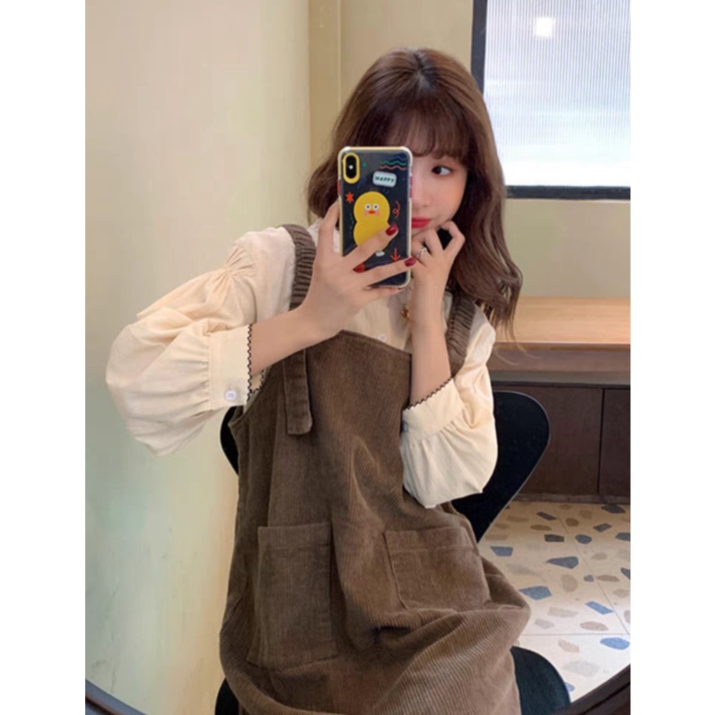 Yếm váy nhung tăm dáng dài dây vai chun phong cách ulzzang Hàn Quốc, đi học, đi chơi, đi làm