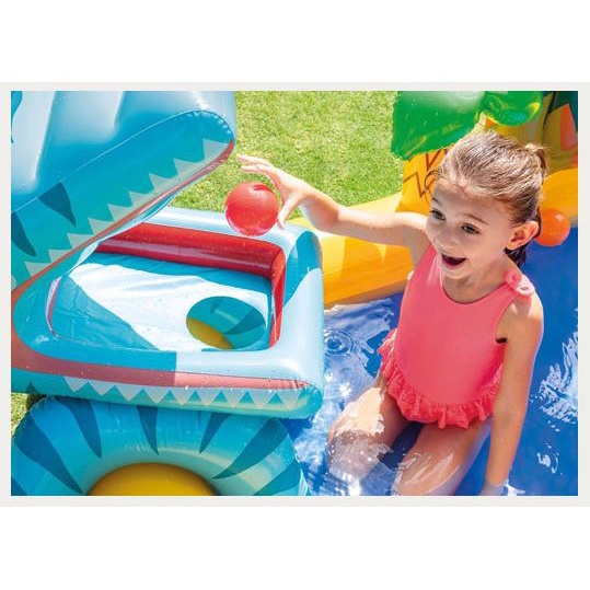 Bể bơi trẻ em phao bể bơi cầu trượt cho bé mẫu khủng long núi lửa phun nước