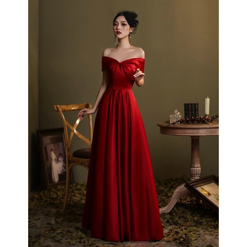 Đầm váy dạ hội, cô dâu đi bàn chéo nơ trễ vai style Hàn Quốc