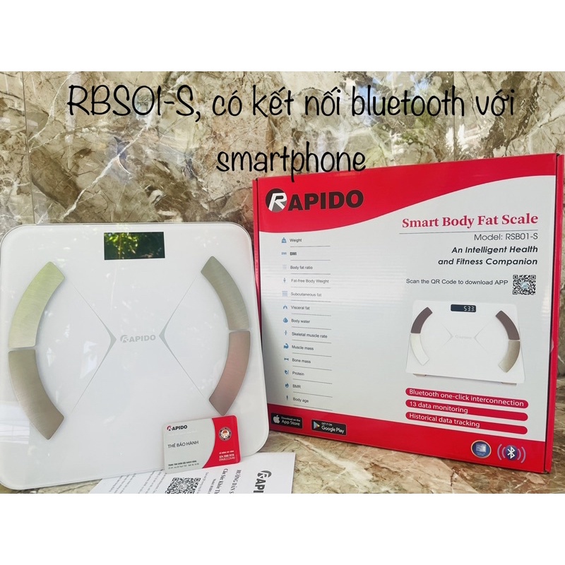 Cân sức khỏe phân tích 11 chỉ số cơ thể, có kết nối Bluetooth với app trên điện thoại RAPIDO RSB01-S