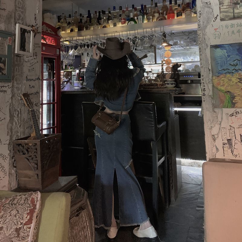 IMAODOU Bộ Áo Khoác + Chân Váy Xẻ Tà Xinh Xắn Theo Phong Cách Mùa Thu Retro Dành Cho Nữ