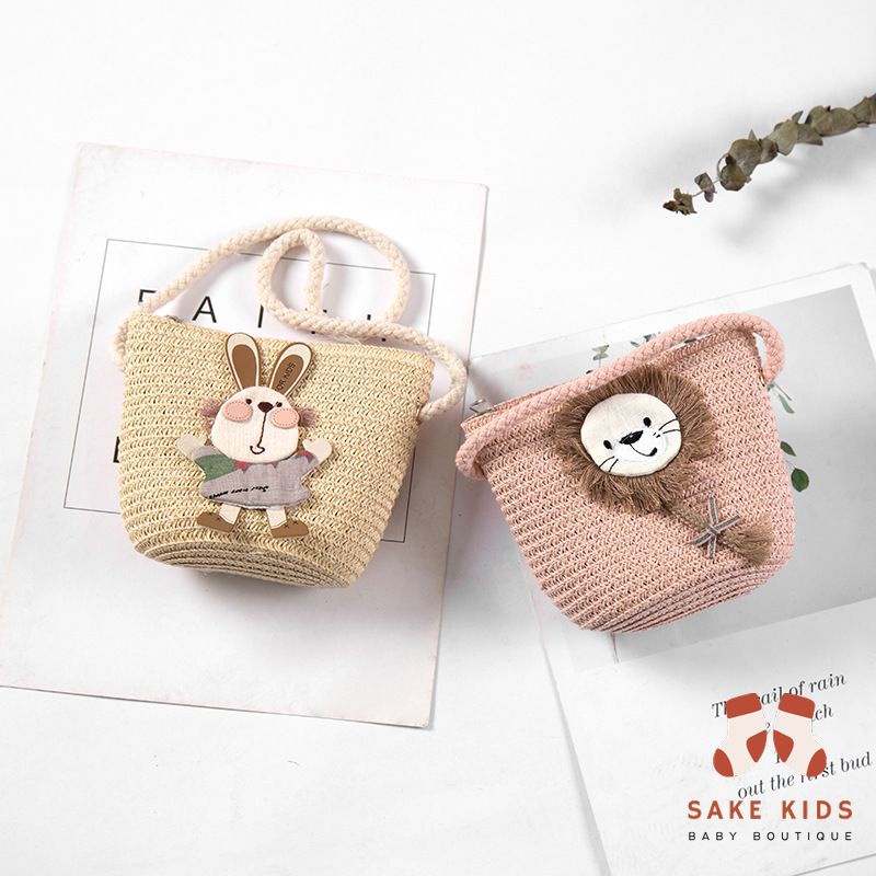 Túi cói mùa hè trẻ em, Túi đi biển dễ thương nhiều hình Nơ Thỏ có khóa kéo tiện lợi cho bé gái phong cách Hàn Quốc TC01